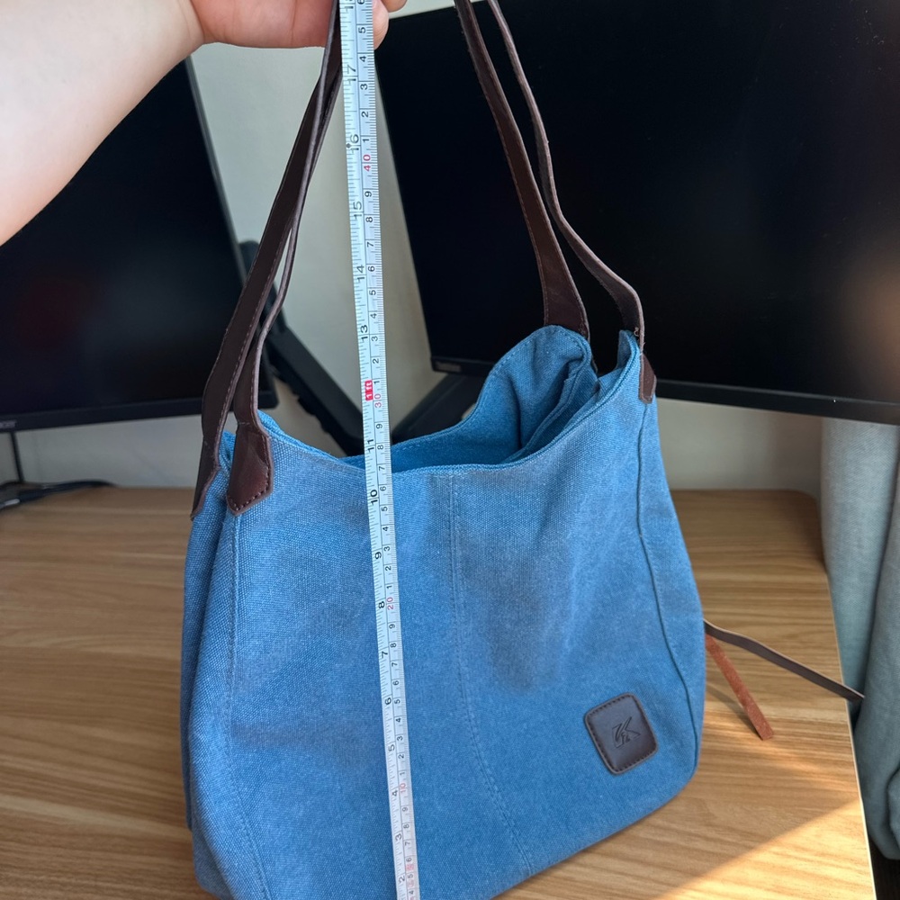 Blue Canvas Shoulder Bag with Brown Trim - Picture 9 of 10